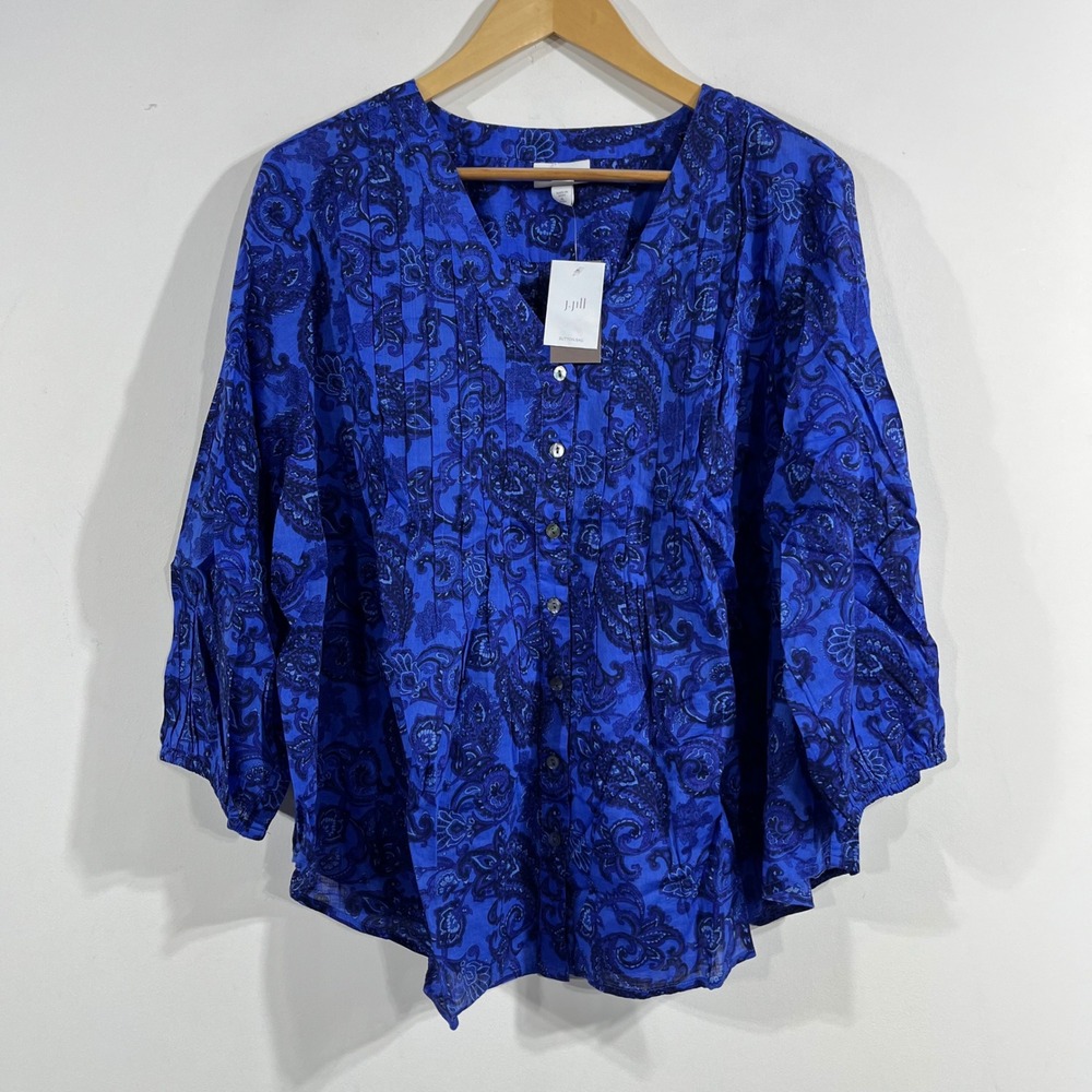 J. Jill Boho Blue Paisley Pintuck Cotton Peasant Cottagecore Blouse XL Petite